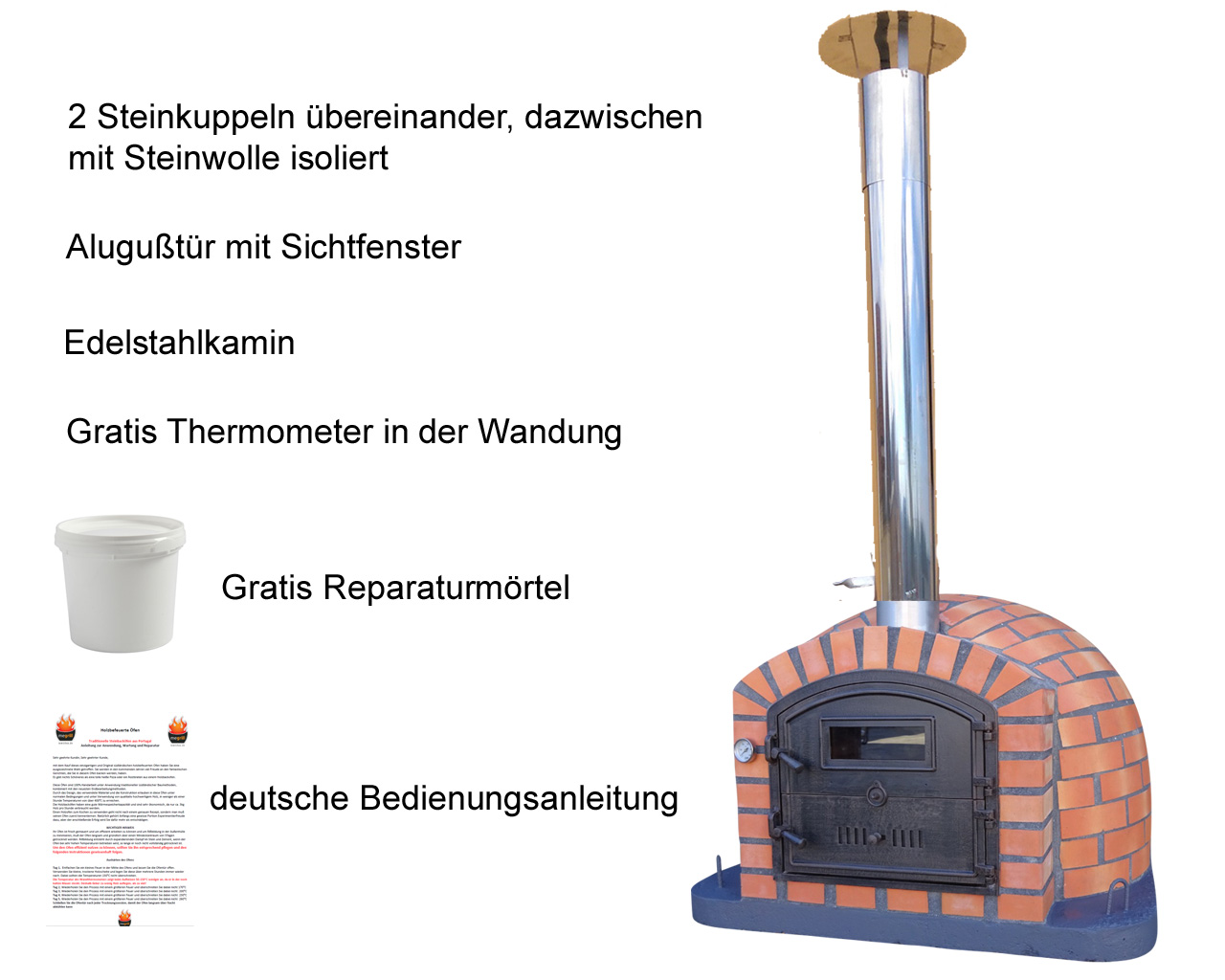 Holzbackofen Luca AL mit Edelstahlkamin, Regenhaube, Wandthermometer und Reparaturmörtel